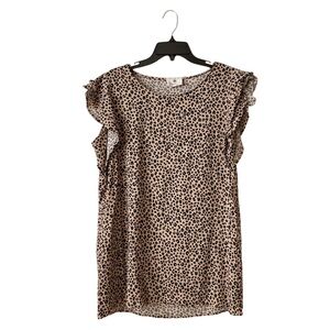 Betseys Boutique Shop Top Women's Size XL Tan Blk Animal Print Ruffle Cap Sleeve